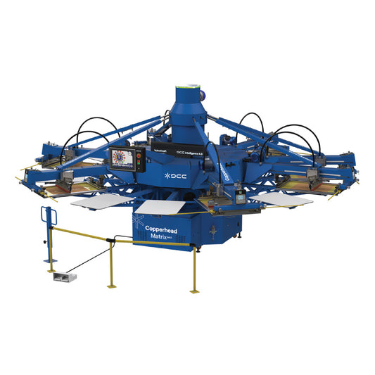 Lawson Copperhead Rival automatic screen printing press, showcasing the servo-driven indexing system and independent head controls designed for high-speed production at 1160 pieces per hour.