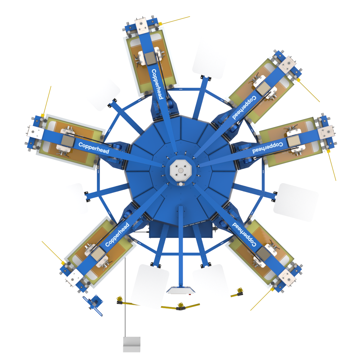 Precision print head on the Lawson Copperhead Rival, showcasing the independent head control and tool-free squeegee adjustments. Designed for consistent ink deposit and fast setup in mid-to-large scale automatic screen printing production.