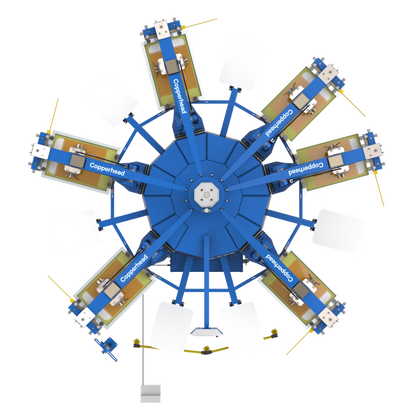 Precision print head on the Lawson Copperhead Rival, showcasing the independent head control and tool-free squeegee adjustments. Designed for consistent ink deposit and fast setup in mid-to-large scale automatic screen printing production.
