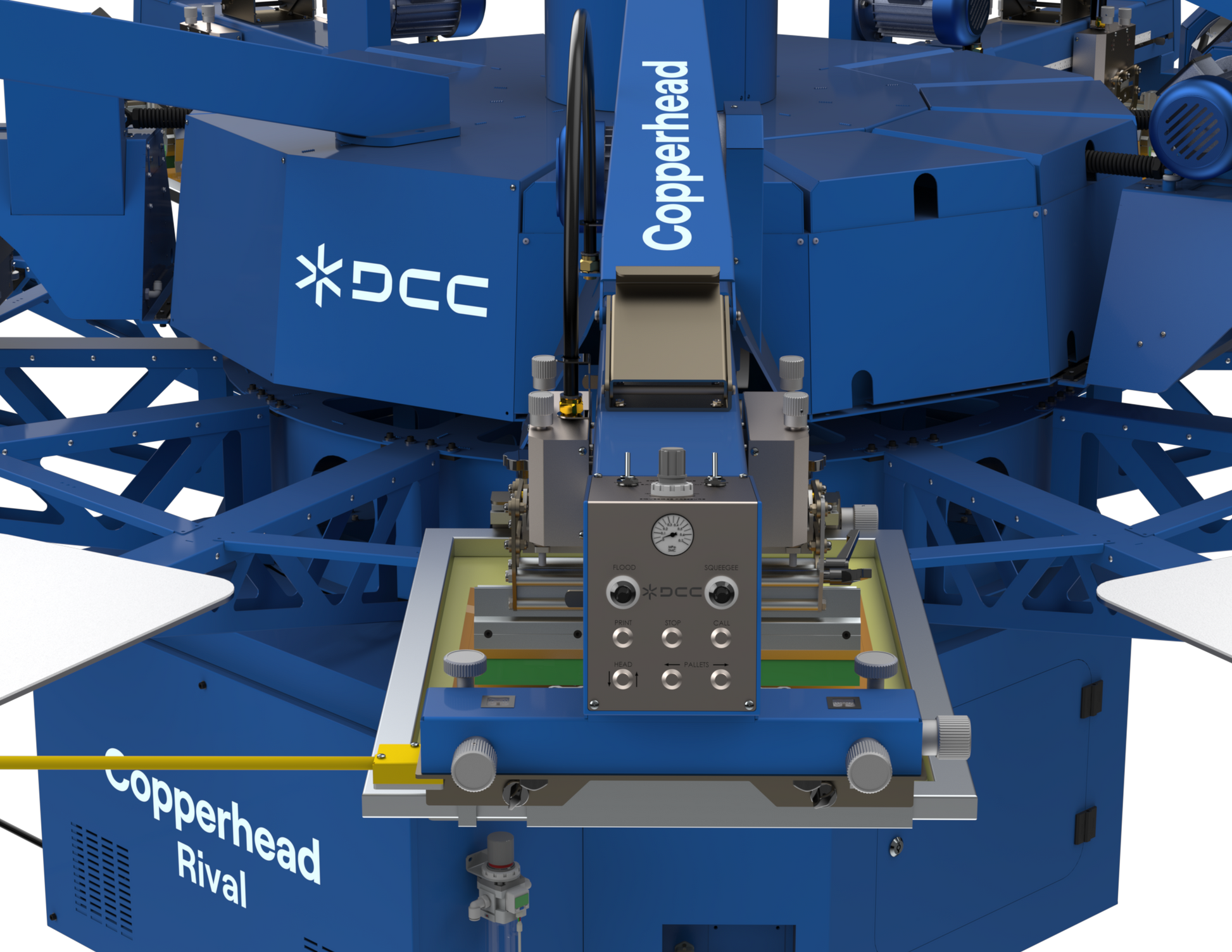 Precision print head on the Lawson Copperhead Rival, showcasing the independent head control and tool-free squeegee adjustments. Designed for consistent ink deposit and fast setup in mid-to-large scale automatic screen printing production.