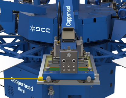 Precision print head on the Lawson Copperhead Rival, showcasing the independent head control and tool-free squeegee adjustments. Designed for consistent ink deposit and fast setup in mid-to-large scale automatic screen printing production.