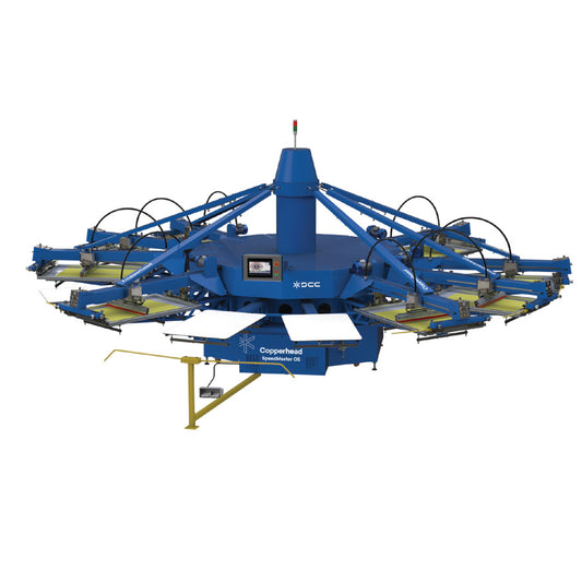 Lawson Copperhead Speedmaster OS for oversized screen printing, featuring a 28x40 inch print area, Smart Pallet Load Calculator, and servo-driven chain indexing. Shown in a 10-color configuration with wider pallet arms for consistent ink distribution on large-format garments.