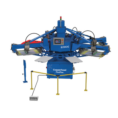 Lawson Copperhead Flex Plus compact automatic press for t-shirt printing, showing the PinPoint registration system, individual mechanical head lifts, and pneumatic frame clamps for high-production screen printing.