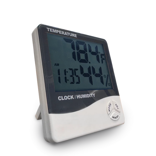 Digital temperature and humidity clock with a black LCD screen and white plastic body, shown on a clean white background.