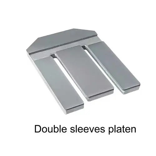 A metallic double-sleeves platen part shown on a plain white background with the text 'Double sleeves platen' below it.