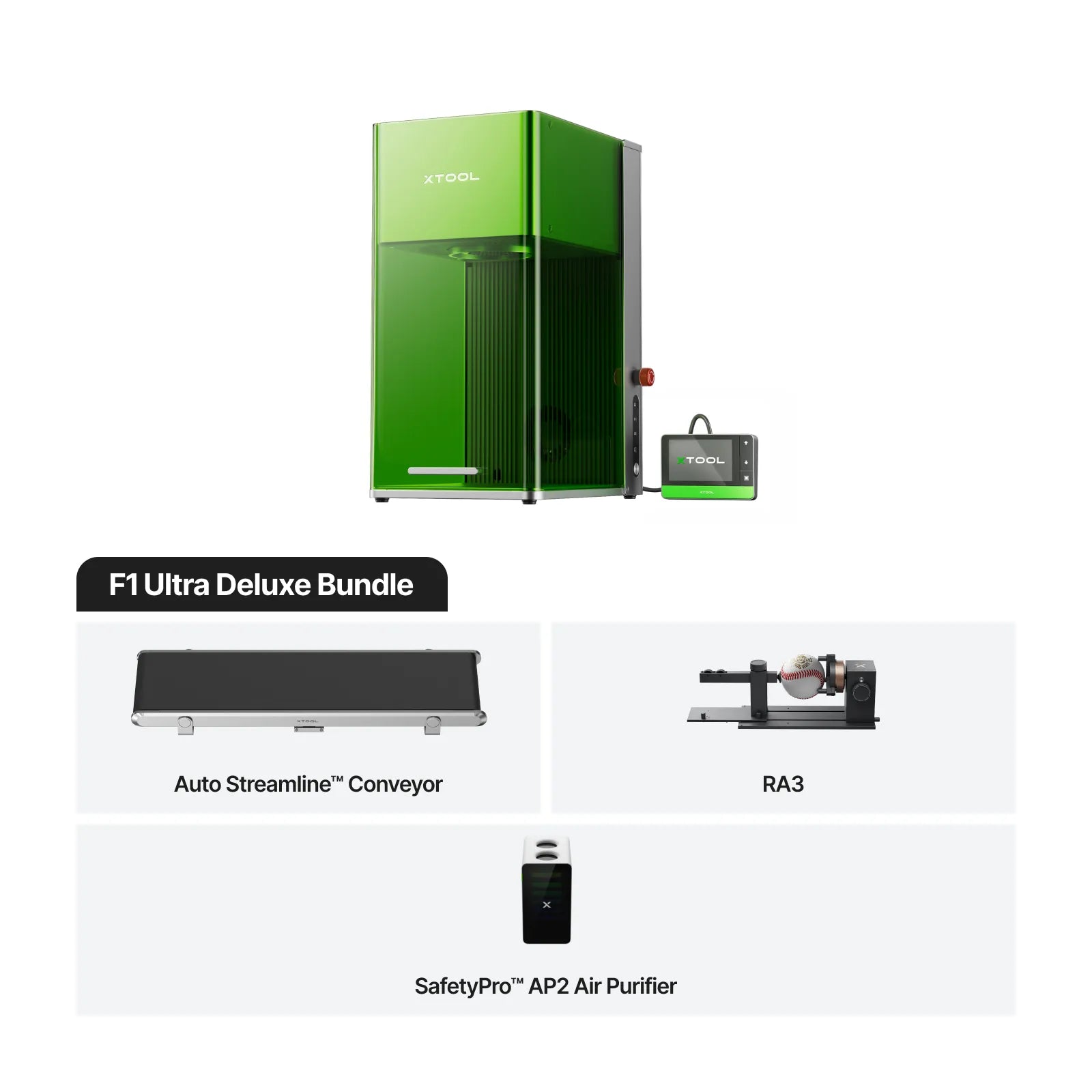 F1 Ultra Deluxe Bundle with green machine, Auto Streamline Conveyor, RA3, and SafetyPro AP2 Air Purifier on a white background.