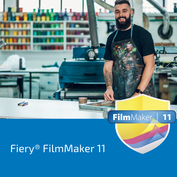 Man in a workshop with Fiery FilmMaker 11 branding