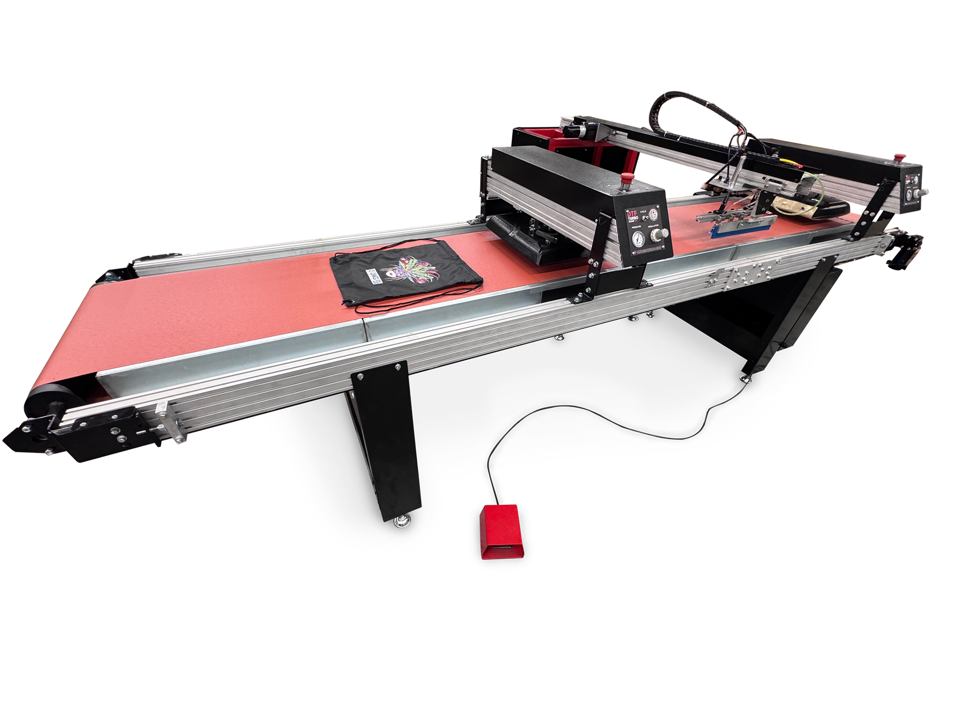 A large industrial laser cutting and engraving machine with a red conveyor belt, silver aluminum rails, and a black gantry system, shown on a white background with a red foot pedal.