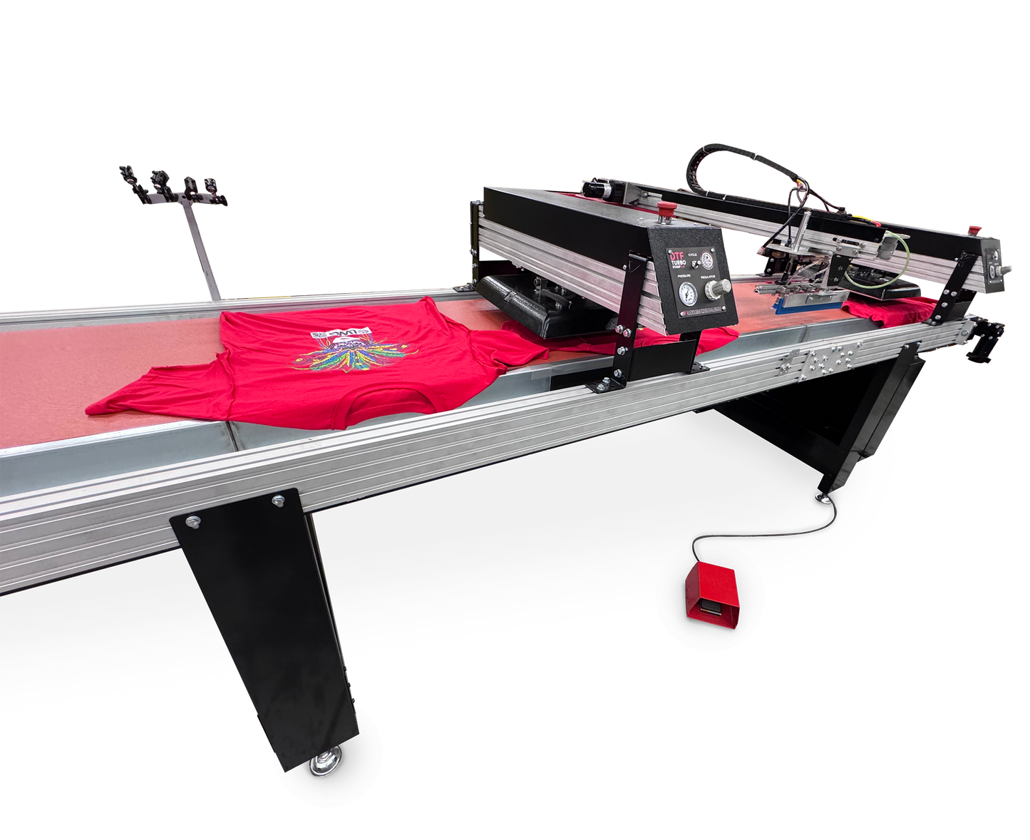A large industrial flatbed t-shirt printing machine with a red control panel and a red t-shirt displayed on its bed, shown against a solid white background.