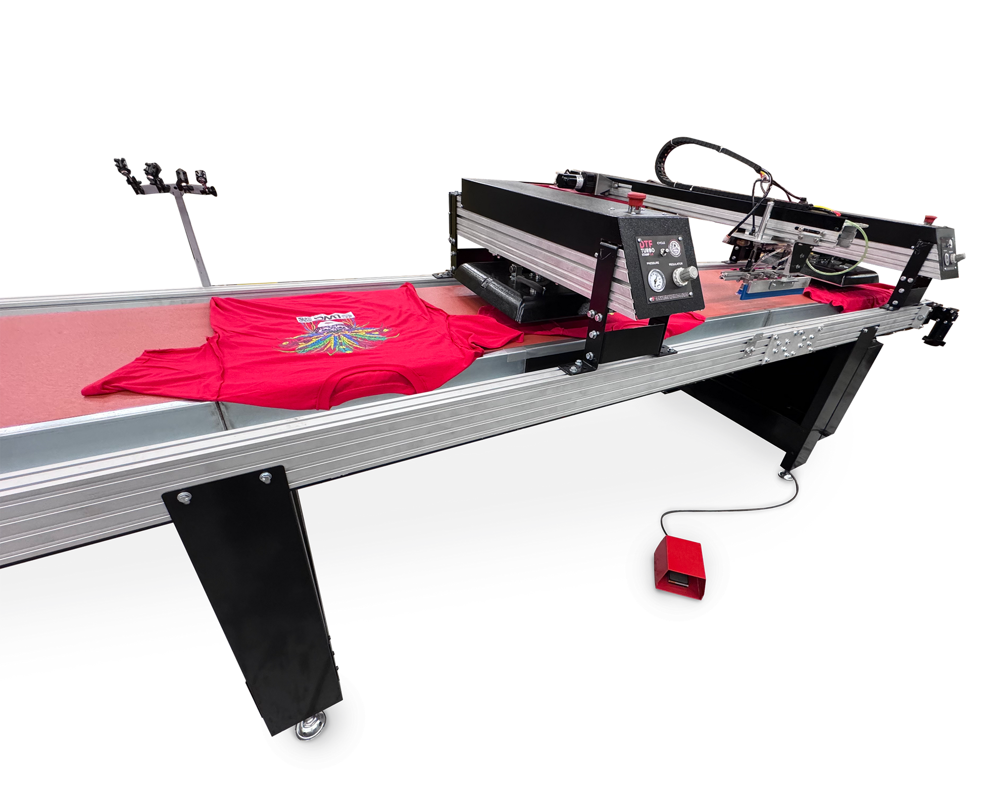 A large industrial flatbed t-shirt printing machine with a red control panel and a red t-shirt displayed on its bed, shown against a solid white background.