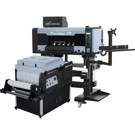 Prestige L2 16-inch Roll-to-Roll DTF Printer paired with the Miro 24 Automatic Powder Shaker and Dryer for high-speed garment production.