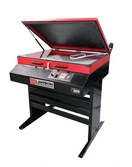 Lawson LED-5000 screen printing exposure unit with its gas-lifter vacuum lid propped open, showcasing the exposure bed on a heavy-duty black frame, isolated on a white background.