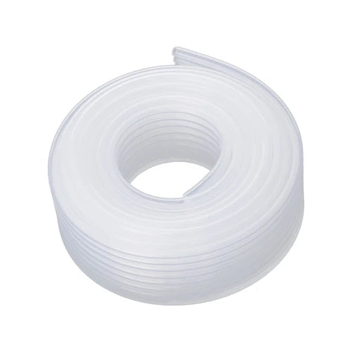 A coiled roll of semi-translucent white plastic tubing on a solid white background.