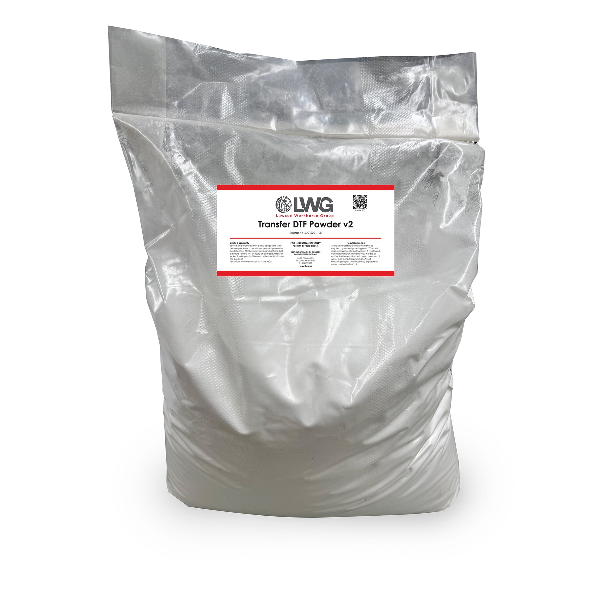 Bag of LWG Transfer DTF Powder v2 with a label on a white background