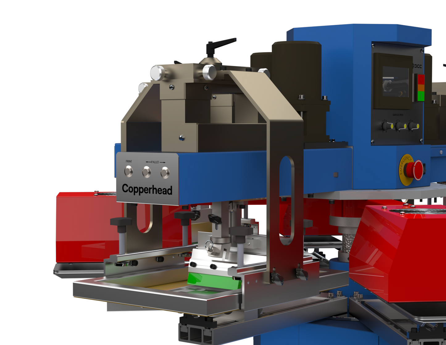 Precision three-point registration system on the Lawson Copperhead ProMini automatic press, showcasing the front screen loading mechanism and individual head controls for high-definition small-format screen printing.