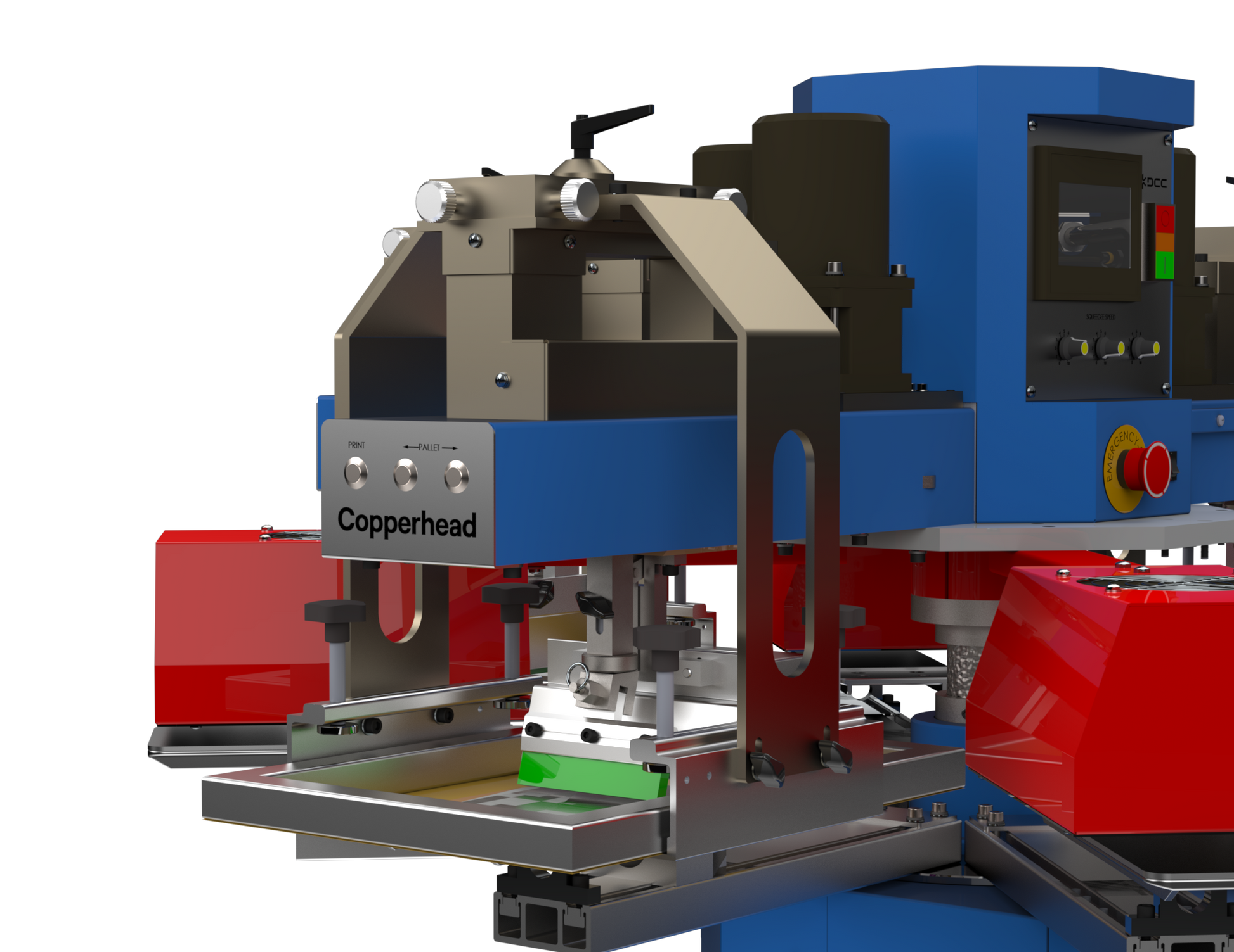 Precision three-point registration system on the Lawson Copperhead ProMini automatic press, showcasing the front screen loading mechanism and individual head controls for high-definition small-format screen printing.