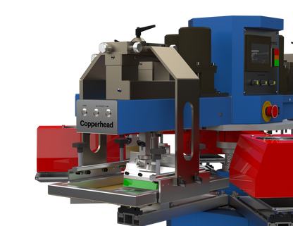 Precision three-point registration system on the Lawson Copperhead ProMini automatic press, showcasing the front screen loading mechanism and individual head controls for high-definition small-format screen printing.