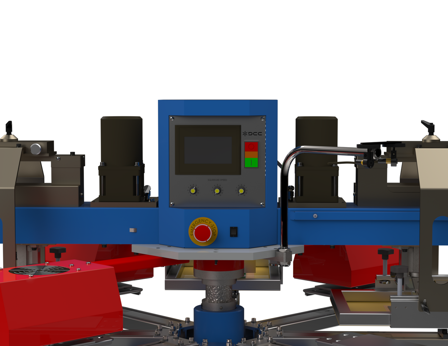 User-friendly touchscreen control panel on the Lawson Copperhead ProMini, showcasing the programmable interface for all-electric indexing, adjustable squeegee strokes, and multiple index rotation without an air compressor.