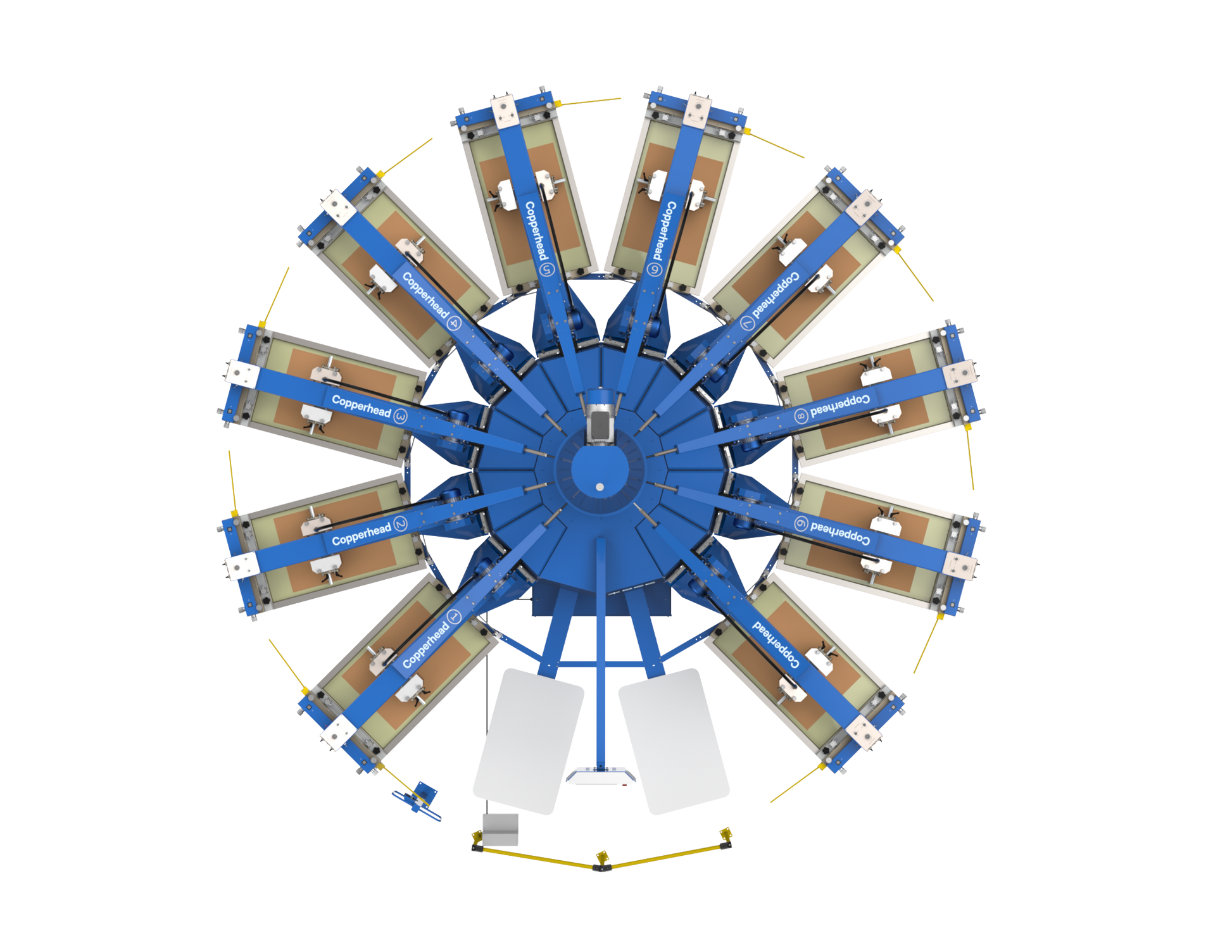 Top-down layout of the Lawson Copperhead Speedmaster high-speed automatic press, highlighting the large-format 10-color station setup and PinPoint registration system for high-volume industrial screen printing.