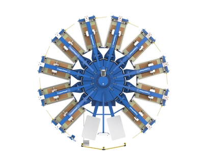 Top-down layout of the Lawson Copperhead Speedmaster high-speed automatic press, highlighting the large-format 10-color station setup and PinPoint registration system for high-volume industrial screen printing.