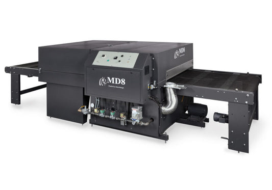 A large black industrial machine with the visible branding 'MD8' and 'MDX' on its side, photographed on a clean white studio background.