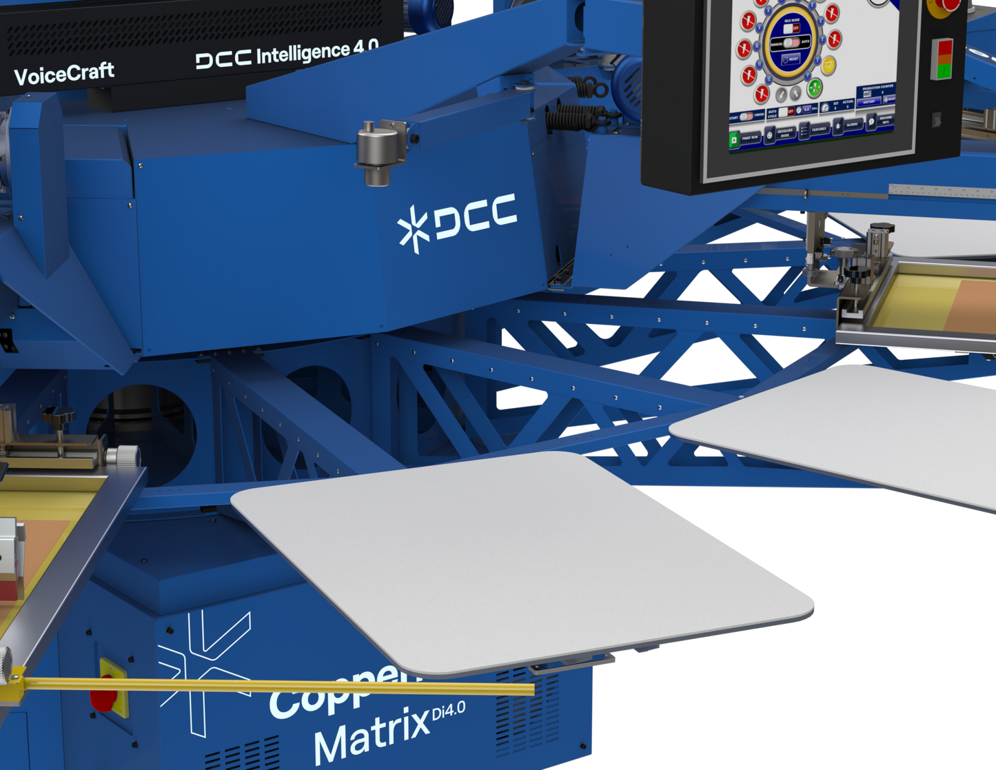 Integrated 15-inch HMI and DCC Intelligence 4.0 control center on the Copperhead Matrix Di4.0 automatic press, showing the digital interface used for SmartCloud remote monitoring and VoiceCraft audio-assisted printing.