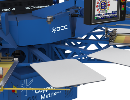 Integrated 15-inch HMI and DCC Intelligence 4.0 control center on the Copperhead Matrix Di4.0 automatic press, showing the digital interface used for SmartCloud remote monitoring and VoiceCraft audio-assisted printing.