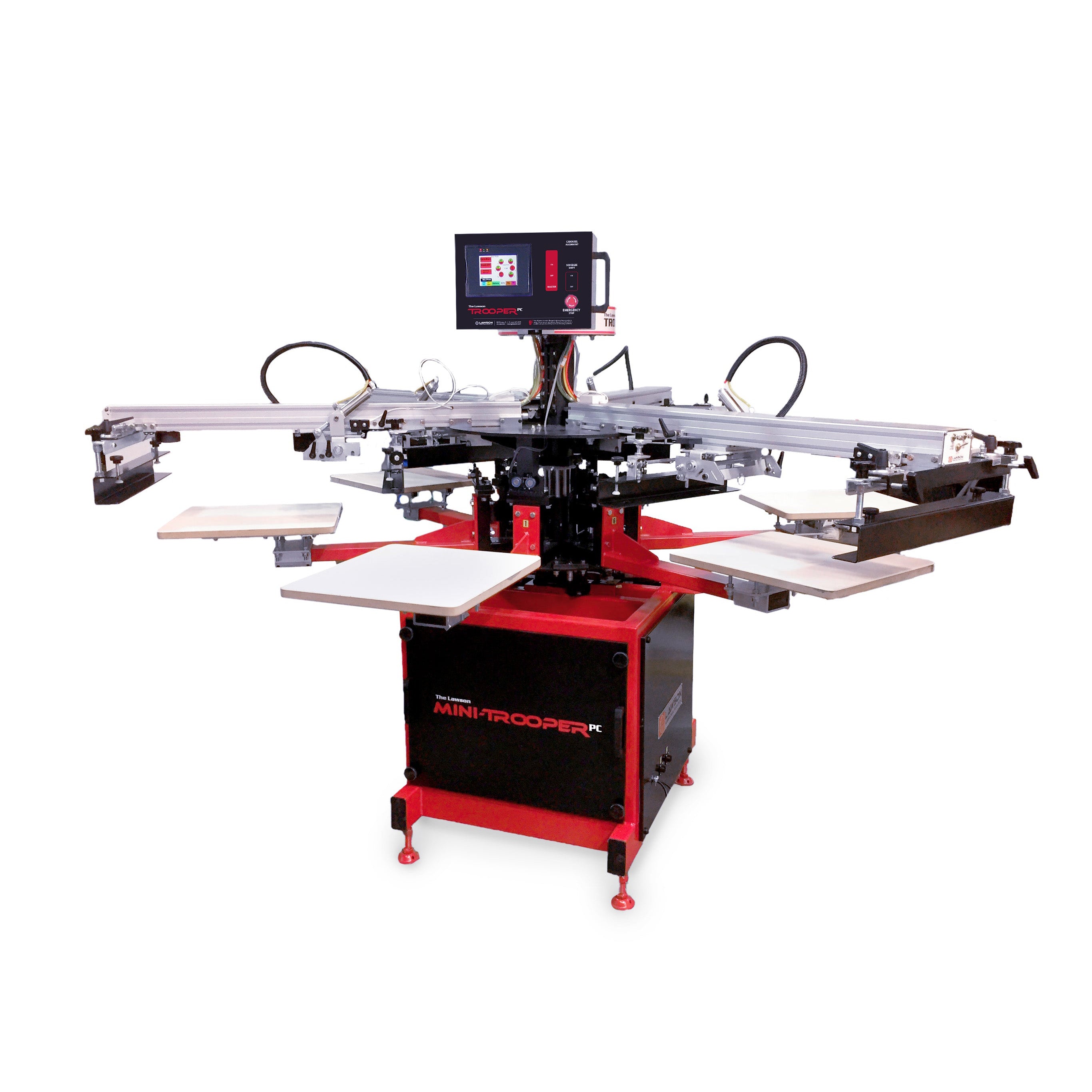 Lawson Mini-Trooper automatic screen printing press with a red and black base, featuring a 6-station carousel, silver print heads, and an integrated digital control touch screen.