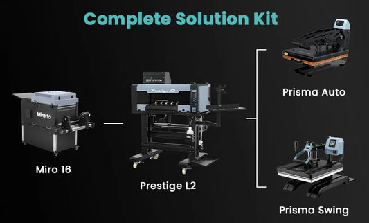 Prestige L2 16-inch Roll-to-Roll DTF Printer paired with a Miro 16 Automatic Powder Shaker and Dryer bundle for professional garment printing.
