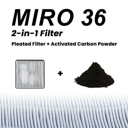 MIRO 36 2-in-1 Filter with pleated filter and activated carbon powder on a white background