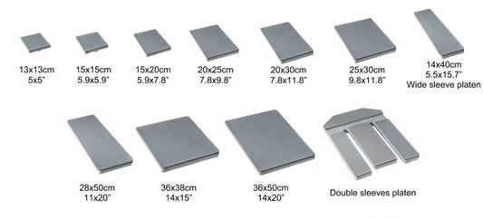 A size chart showing various rectangular metal plate options labeled by dimensions (such as 13x13cm, 15x15cm, 20x25cm, 36x50cm, and double sleeves platen) with corresponding measurements on a white background.