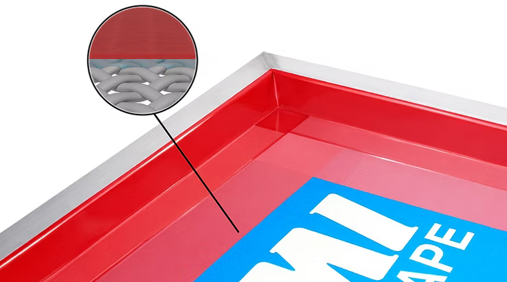 Close-up of a red tray with a blue label featuring text, on a transparent background.