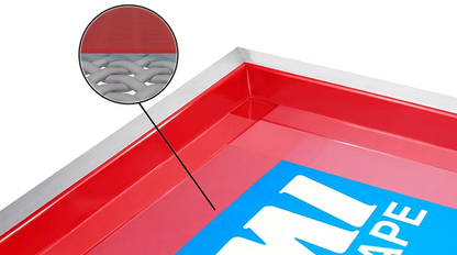 Close-up of a red tray with a blue label featuring text, on a transparent background.