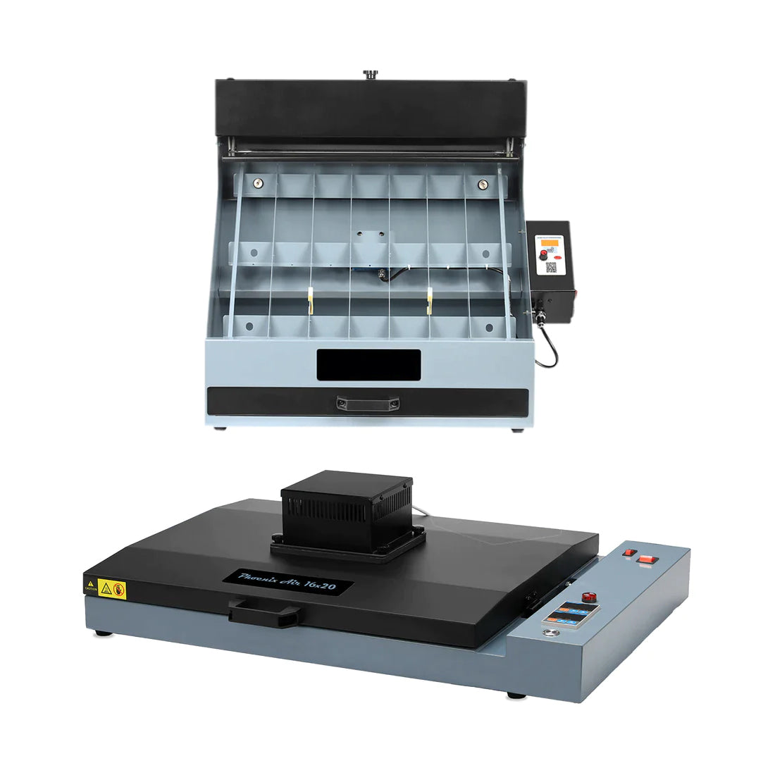 DTF Curing Oven and Sheet Shaker Bundle featuring the Phoenix Air 16x20 Curing Oven with built-in purifier and the Seismo S20 Automatic Sheet Powder Applicator.