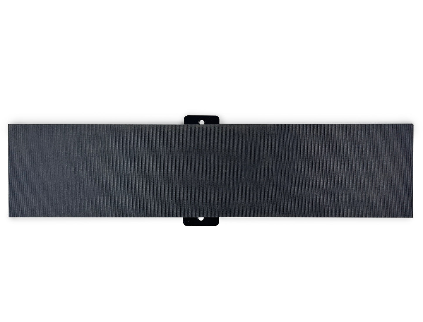 Black rectangular object with two small hooks on a white background