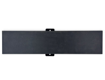 Black rectangular object with two small hooks on a white background