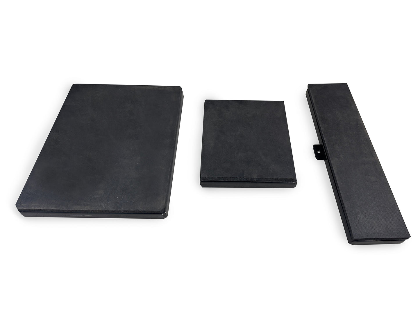 Three black rectangular objects on a white background
