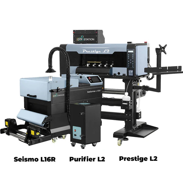 Prestige L2 16-inch DTF Printer bundle including the Seismo L16R Automatic Powder Applicator and Purifier L2 portable air filter for professional garment printing.