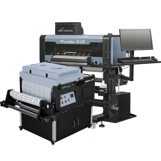 Prestige XL2 24-inch High-Speed DTF Printer paired with the Miro 24 Automatic Powder Shaker and Dryer for high-volume garment production.