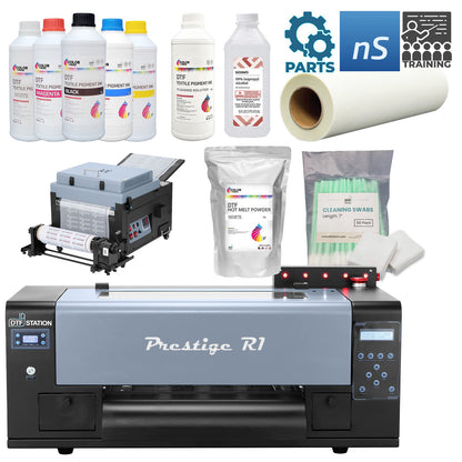Prestige R1 13" DTF Printer and Miro 13 Max Shaker and Dryer bundle, featuring neoStampa RIP software, Color Prime inks, powder, film, and cleaning supplies for professional 13-inch DTF production.