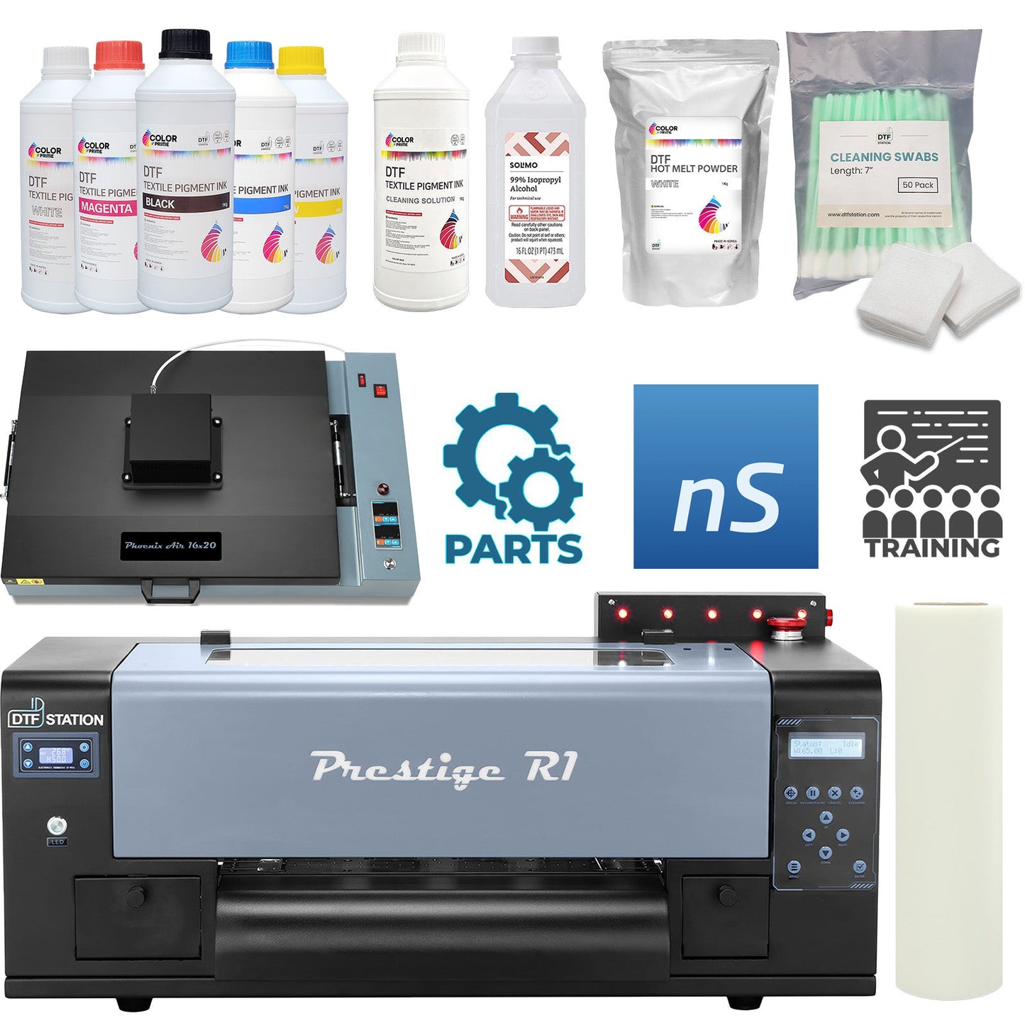 Prestige R1 13" DTF Printer and Phoenix Air 16x20 Curing Oven bundle, featuring Color Prime inks, powder, film, and neoStampa RIP software for professional desktop DTF production.