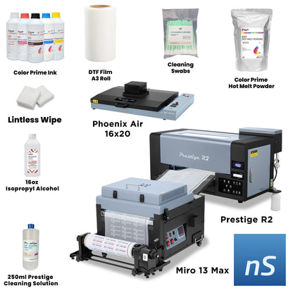 Prestige R2 13" DTF Printer bundle including the Miro 13 Max Shaker, Phoenix Air 16x20 Curing Oven, Color Prime inks, and neoStampa RIP software for professional DTF production.