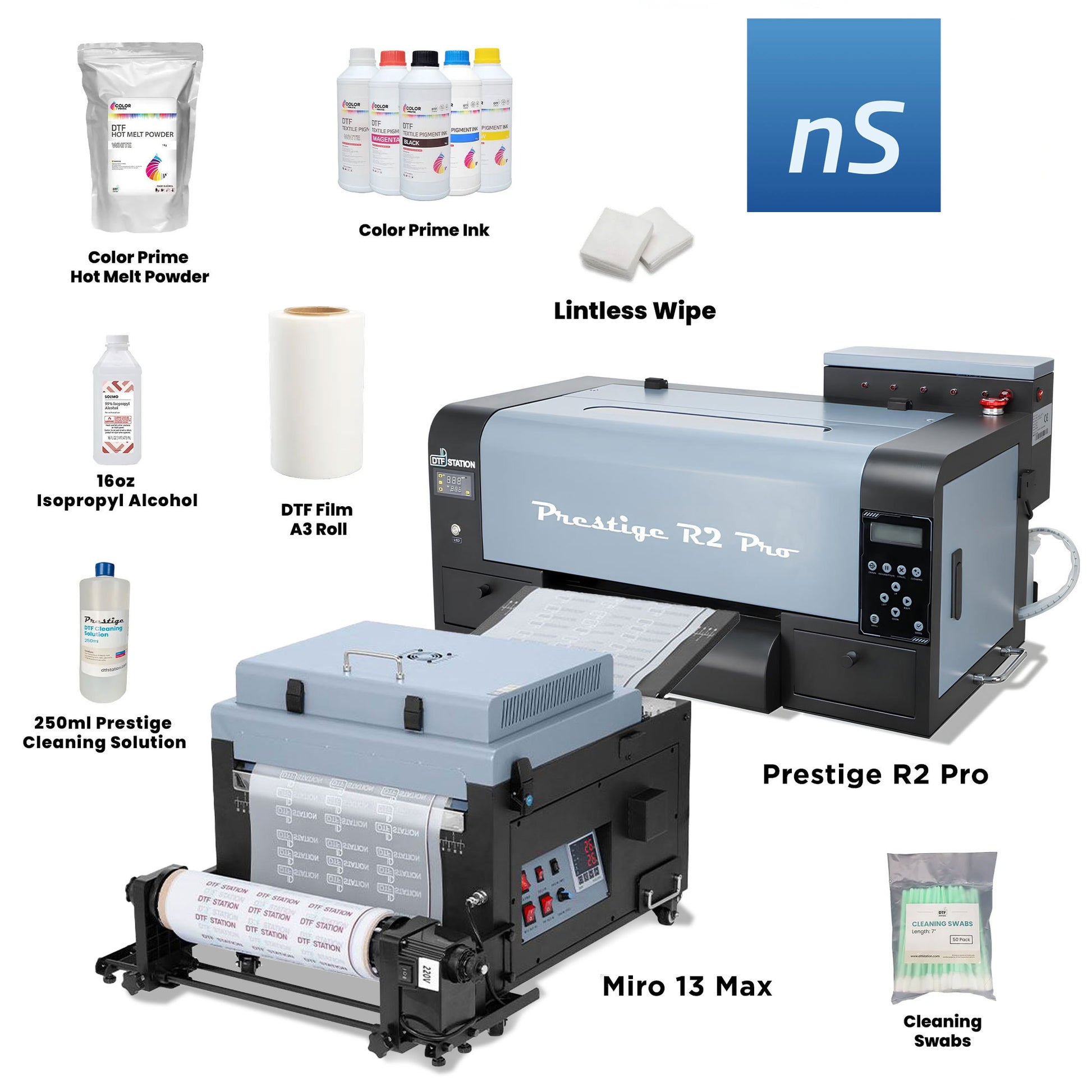 Prestige R2 Pro 13" DTF Printer bundle including the Miro 13 Max Shaker and Dryer, neoStampa RIP software, Color Prime inks, and DTF supplies for high-speed automated garment production.