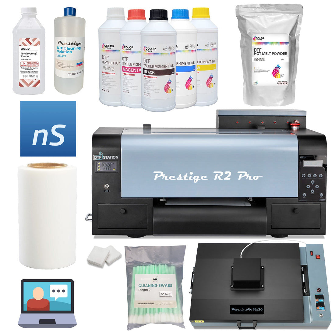 Prestige R2 Pro DTF Printer bundle including the Phoenix Air 16x20 Curing Oven, Color Prime inks, cleaning supplies, and neoStampa RIP software for industrial-grade desktop DTF printing.