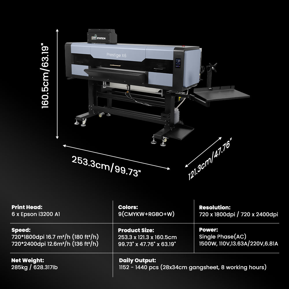 DTF Station Prestige x6 dtf printer with dimensions and specifications displayed on a black background