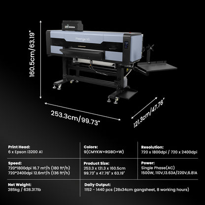 DTF Station Prestige x6 dtf printer with dimensions and specifications displayed on a black background
