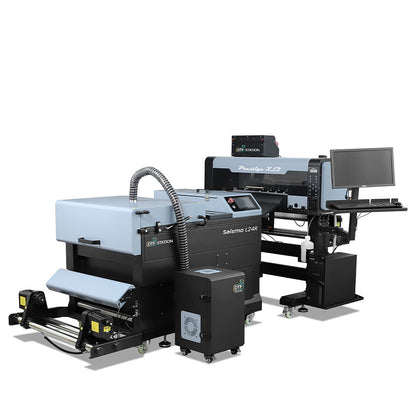 Prestige XL2 24-inch Industrial Roll-to-Roll DTF Printer with Seismo L24R Automatic Powder Shaker and Dryer for high-volume transfer production.