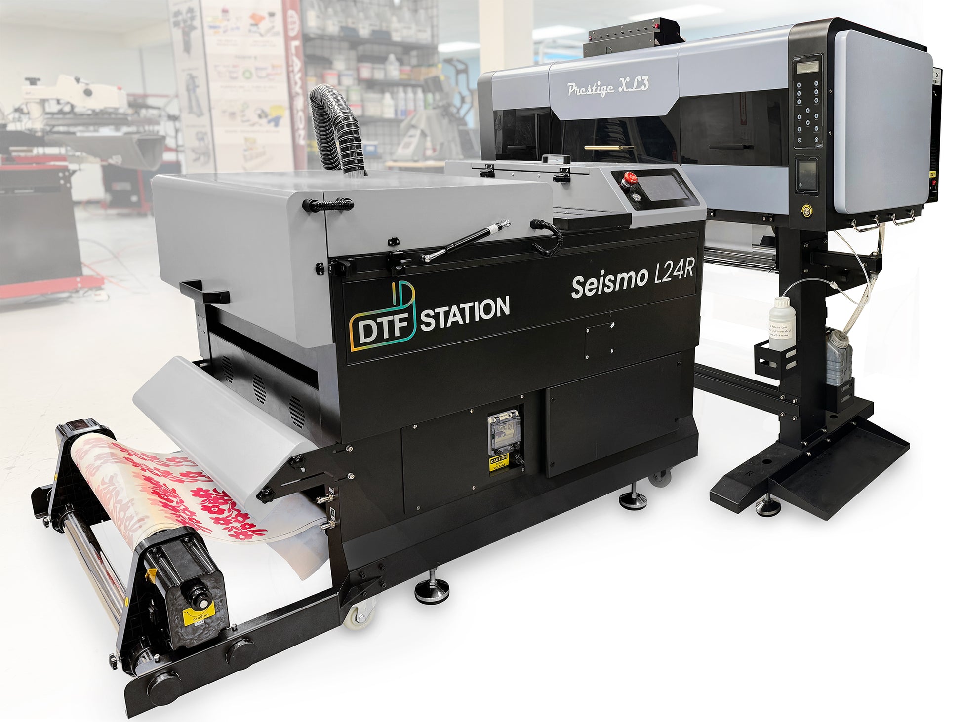 Product bundle featuring the Prestige XL3 8-Color DTF Printer and the Seismo L24R DTF Powder Applicator with a take-up reel for high-vibrancy industrial garment printing.