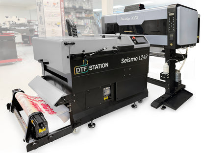 Product bundle featuring the Prestige XL3 8-Color DTF Printer and the Seismo L24R DTF Powder Applicator with a take-up reel for high-vibrancy industrial garment printing.