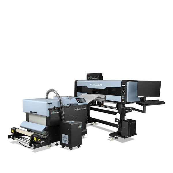 Prestige XL3 8-Color DTF Printer bundle including the Seismo L24R Automatic Powder Applicator and Dryer for high-vibrancy, industrial-scale garment printing.